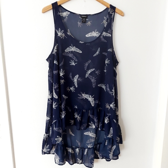 Torrid Dragonfly Tank Navy Scoop Neck Hi-Lo Ruffle Hem - Size 12 - Picture 2 of 6